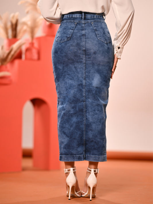 Saia Jeans Longa Azul Mesclado Com Abertura na Frente Anagrom Ref.251