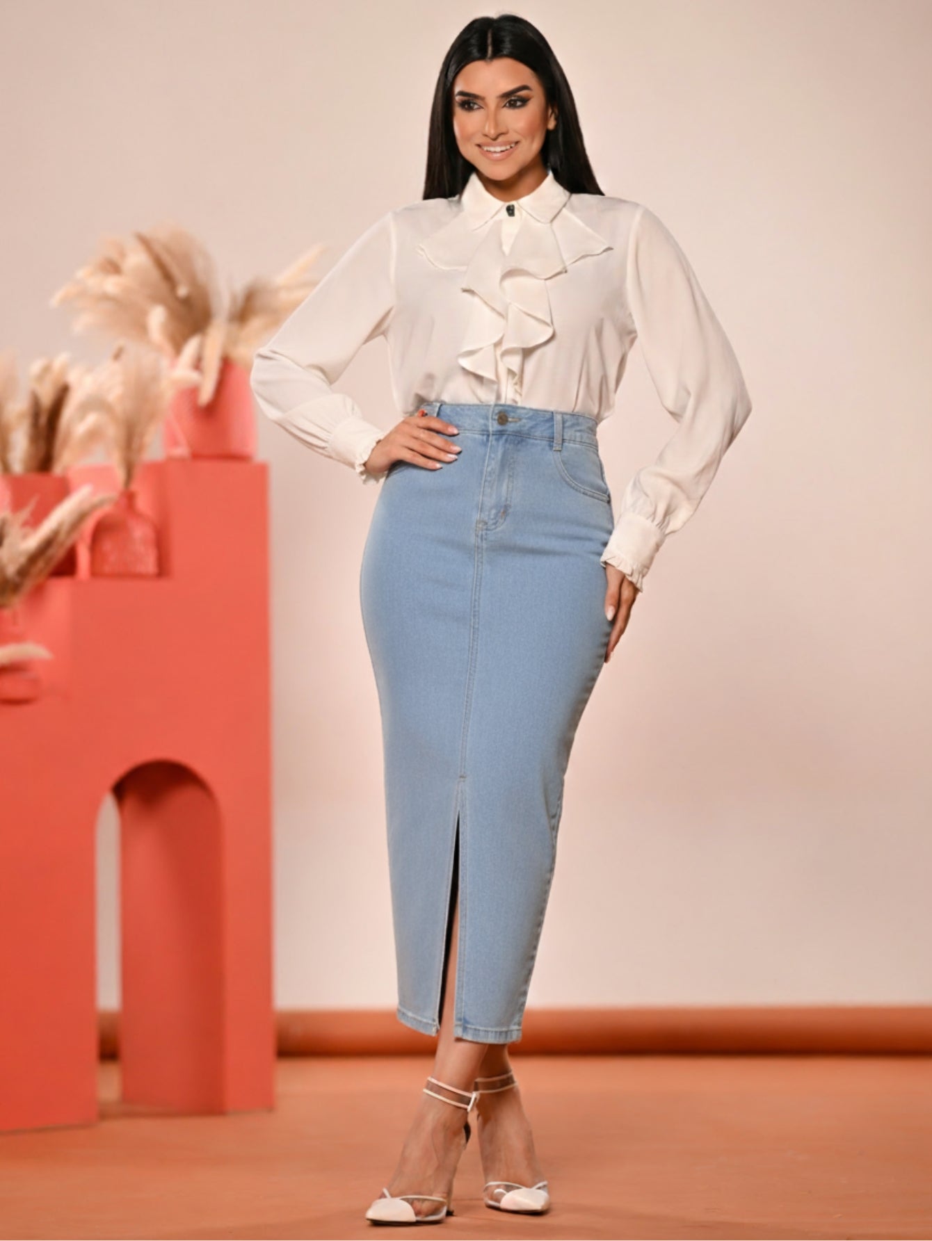 Saia Jeans Longa Azul Claro Com Abertura na Frente Anagrom Ref.232