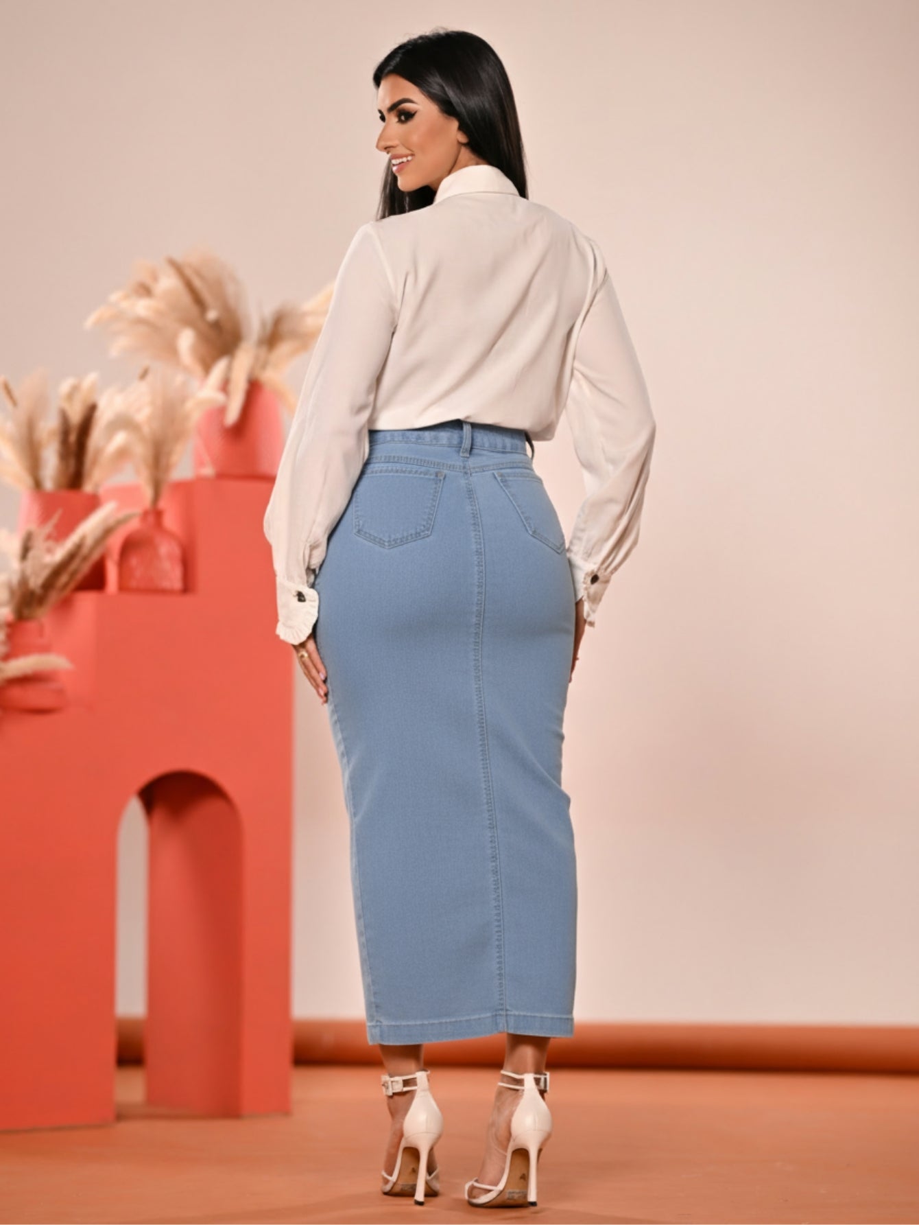 Saia Jeans Longa Azul Claro Com Abertura na Frente Anagrom Ref.232