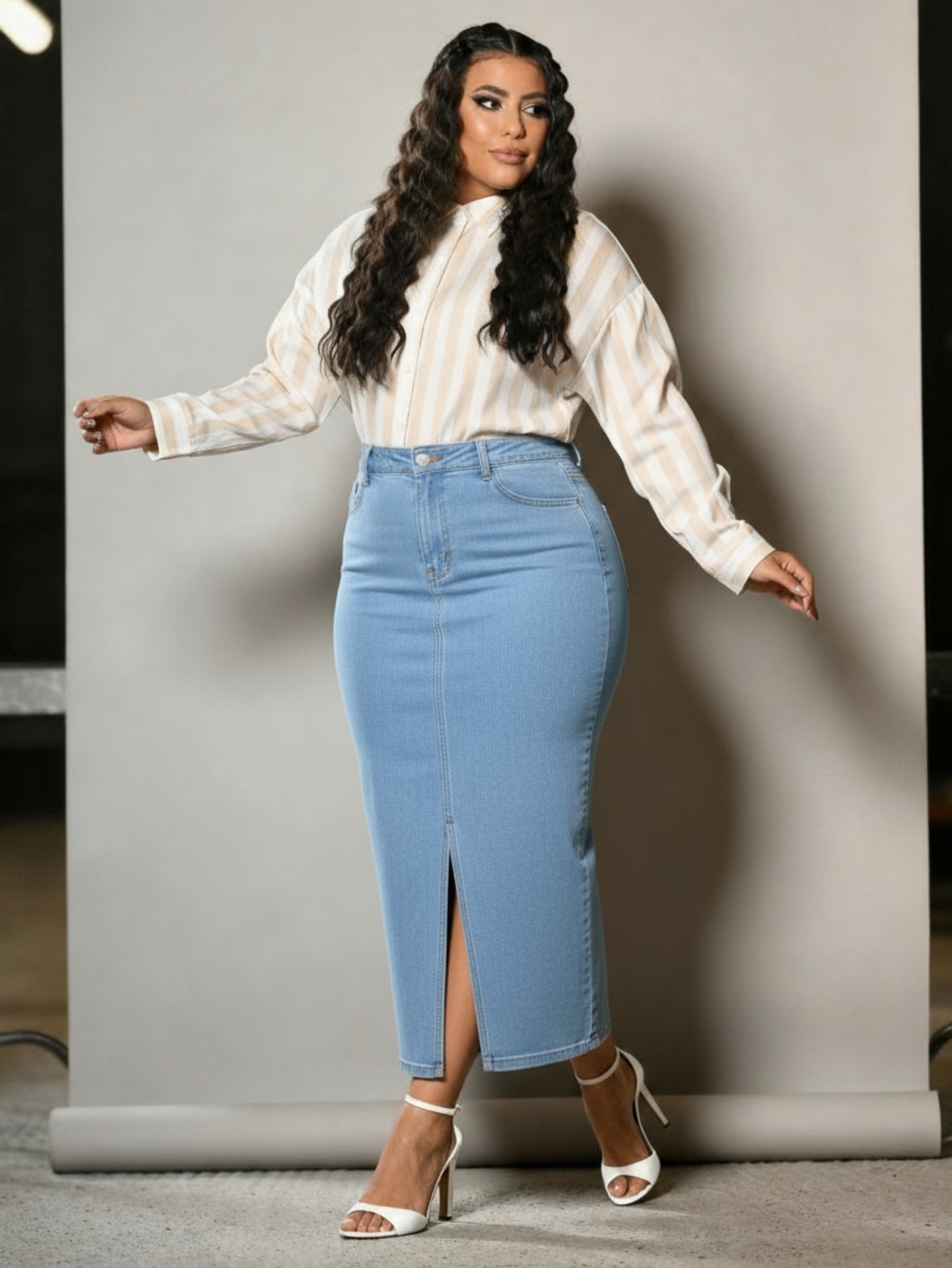 Saia Jeans Longa Azul Claro Com Abertura na Frente Anagrom Ref.232