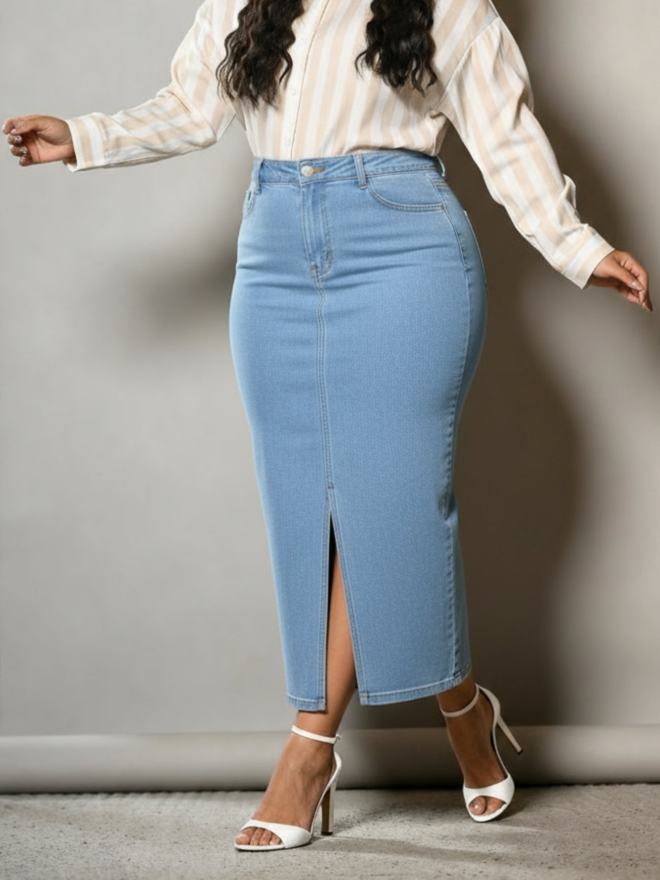 Saia Jeans Longa Azul Claro Com Abertura na Frente Anagrom Ref.232