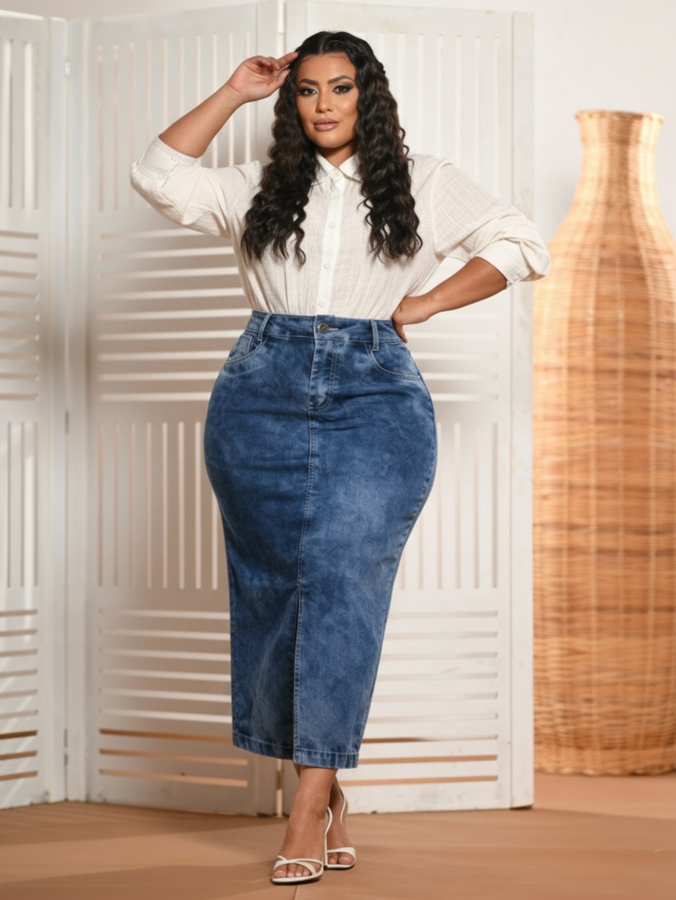 Saia Jeans Longa Azul Mesclado Com Abertura na Frente Anagrom Ref.251