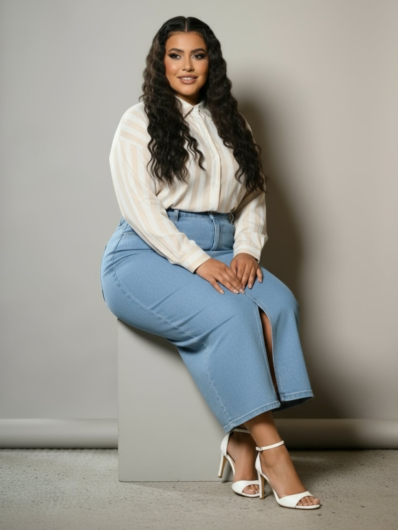 Saia Jeans Longa Azul Claro Com Abertura na Frente Anagrom Ref.232