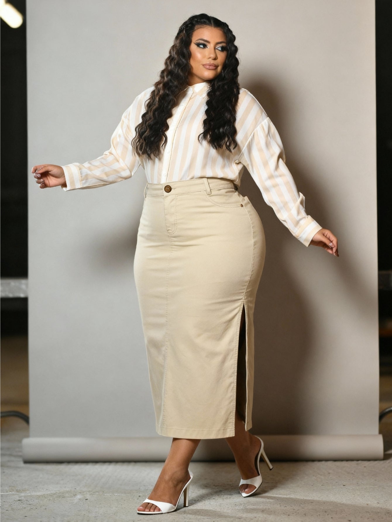 Saia Jeans Longa Bege Com Abertura Lateral Anagrom Ref.262