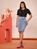 Saia Jeans Média Secretária com Elastano Cintura Alta Azul Claro Anagrom Ref.050