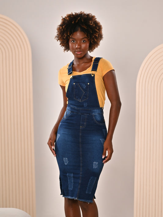 Jardineira Jeans Midi Feminina Azul Marinho Anagrom Ref.4050