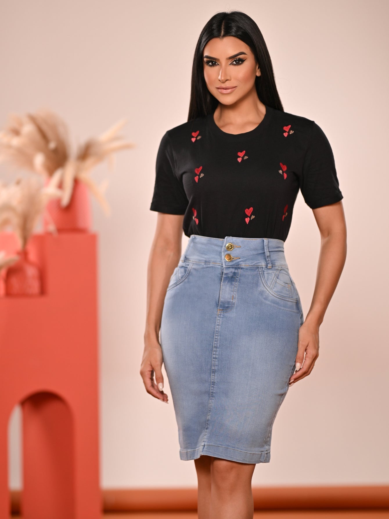 Saia Jeans Média Secretária com Elastano Cintura Alta Azul Claro Anagrom Ref.050