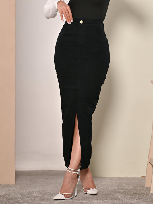 Saia Jeans Longa Preta Com Abertura na Frente Anagrom Ref.207