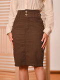 Saia Brim com Elastano Marrom Cintura Alta Anagrom Bolso Bordado Ref.260