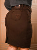 Saia Brim com Elastano Marrom Cintura Alta Anagrom Bolso Bordado Ref.260