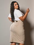 Saia Brim com Elastano Bege Cintura Alta Anagrom Bolso Bordado Ref.254