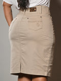 Saia Brim com Elastano Bege Cintura Alta Anagrom Bolso Bordado Ref.254