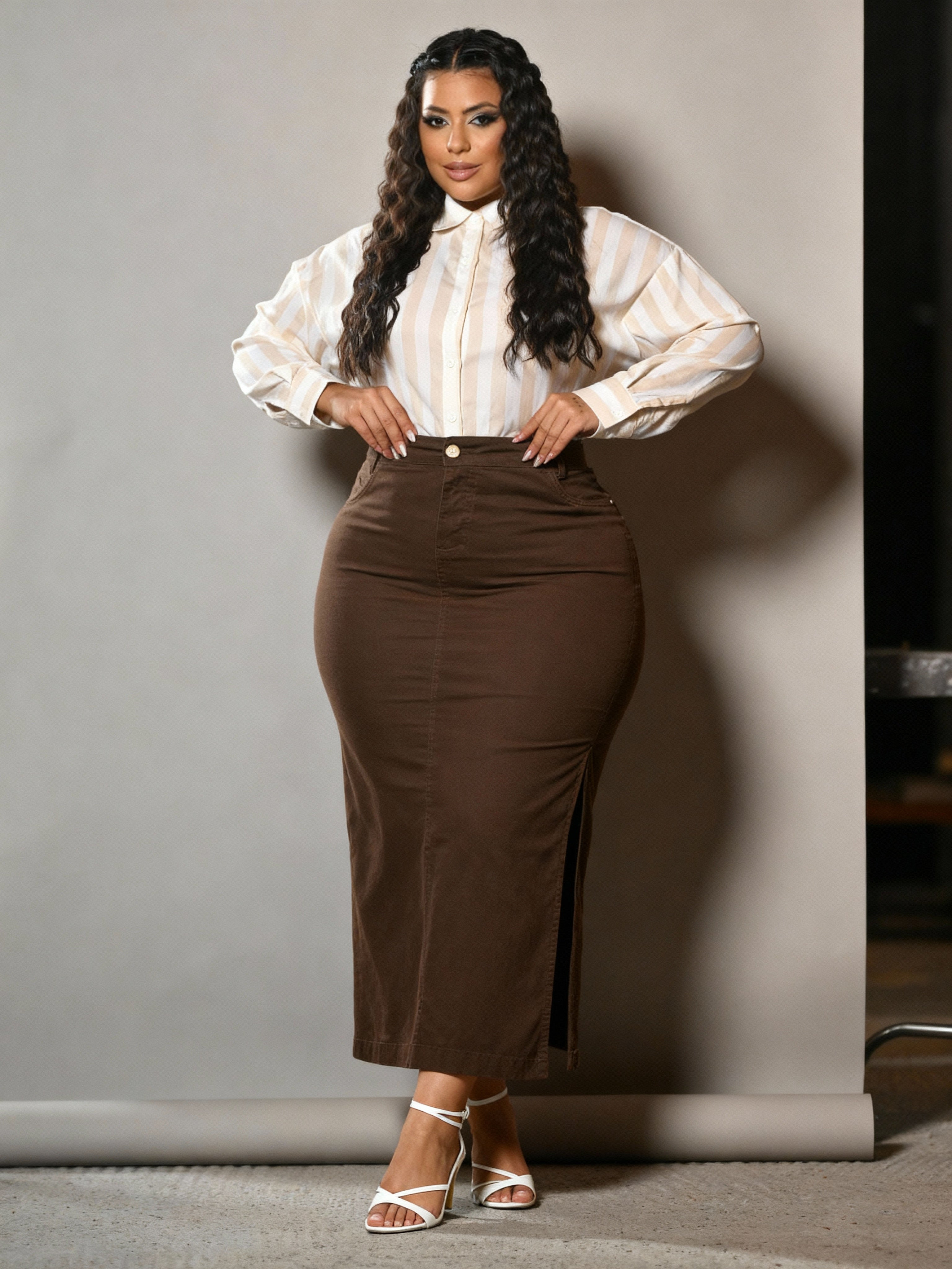 Saia Jeans Longa Marrom Com Abertura Lateral Anagrom Ref.263