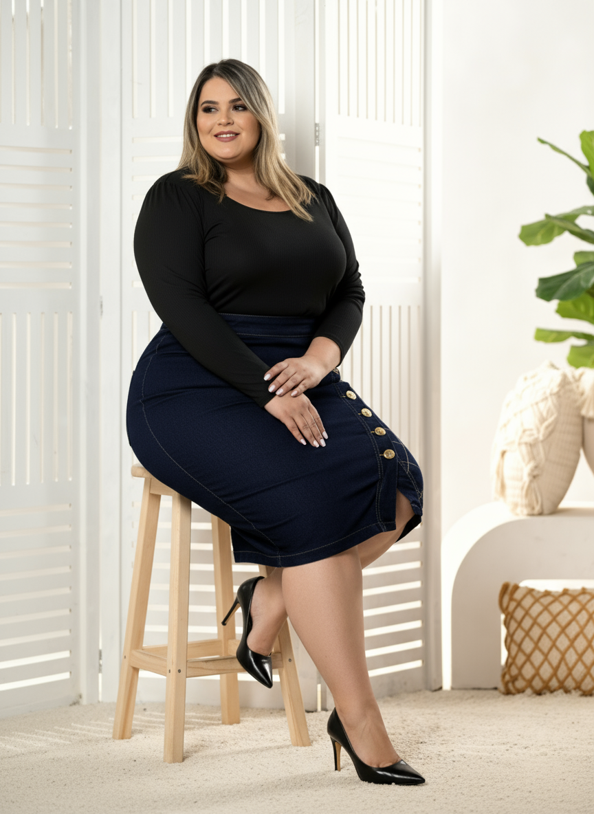 Saia Jeans Feminina Azul Escuro Detalhes Costuras em Xadrez Anagrom Ref.180