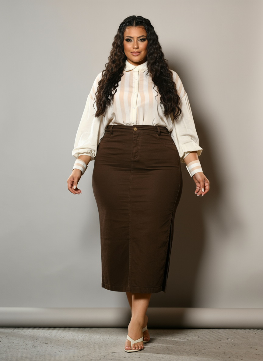 Saia Jeans Longa Marrom Com Abertura Lateral Anagrom Ref.263