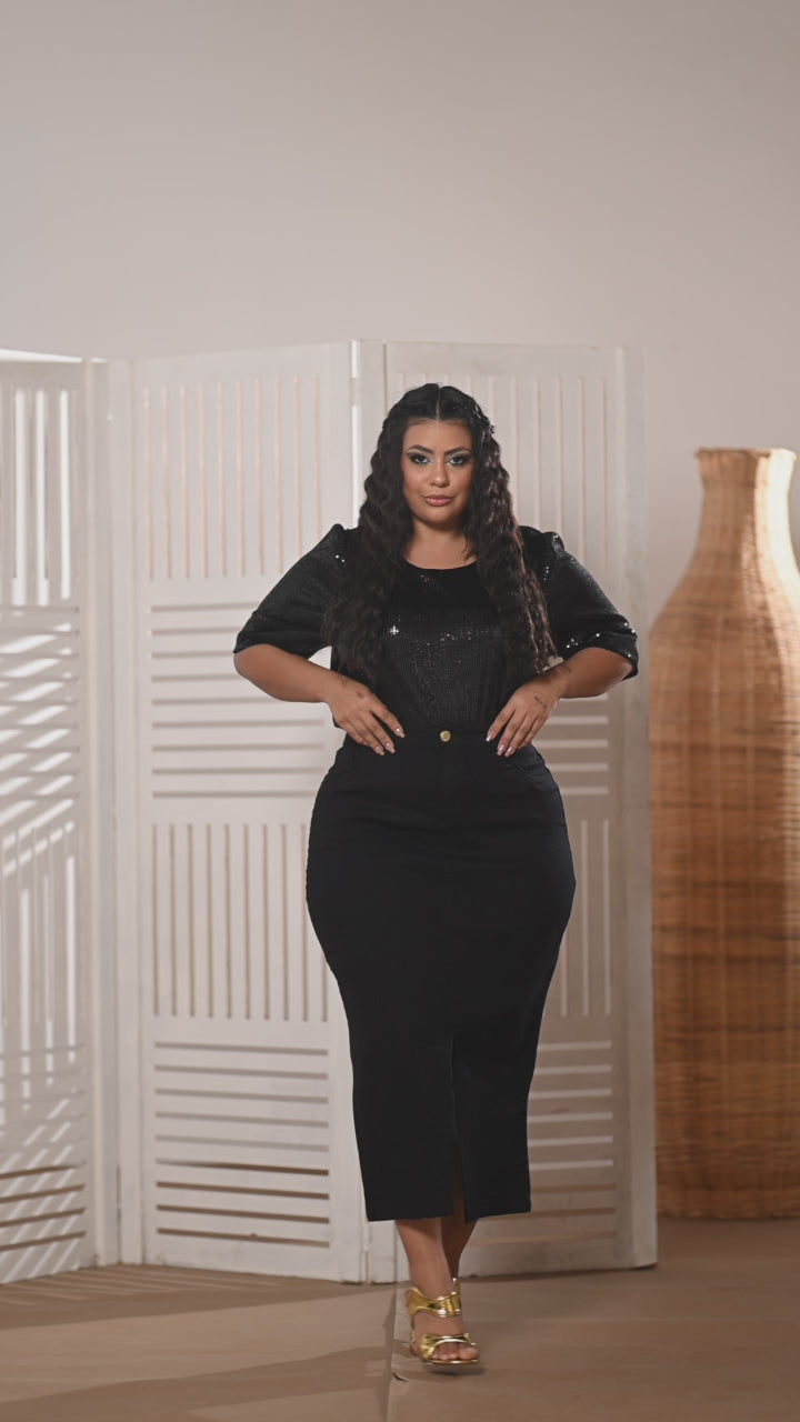 Saia Jeans Longa Preta Com Abertura na Frente Anagrom Ref.207