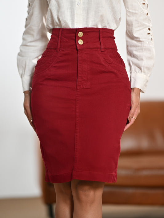 Saia Brim com Elastano Vinho Bordô Cintura Alta Anagrom Bolso Bordado Ref.253