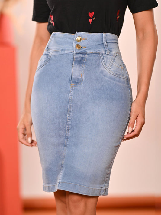 Saia Jeans Média Secretária com Elastano Cintura Alta Azul Claro Anagrom Ref.050